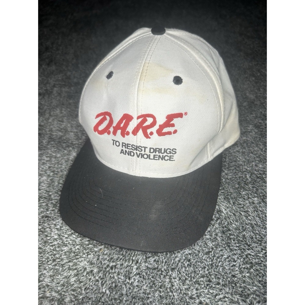 Vintage D.A.R.E. Snapback Hat CAMEO Drugs Violence White Black Cap USA 90s